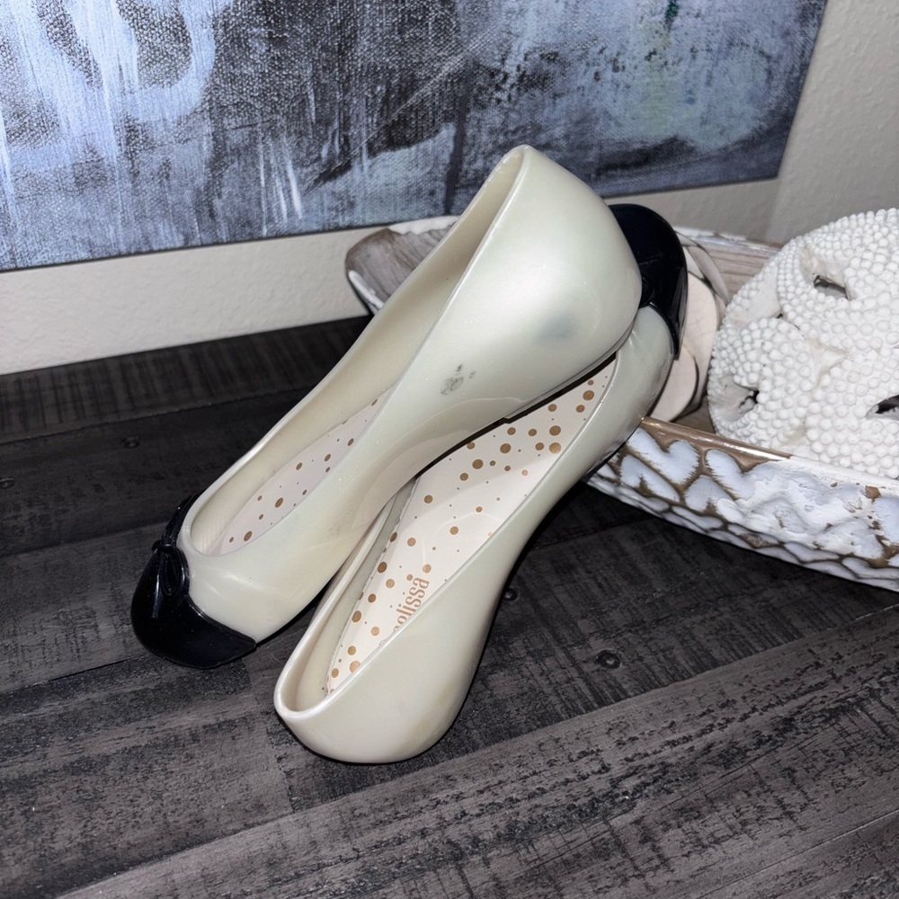 Mini Melissa Sweet Love Cap Toe ballet flats in pearly white and black SZ 1 - Picture 4 of 6